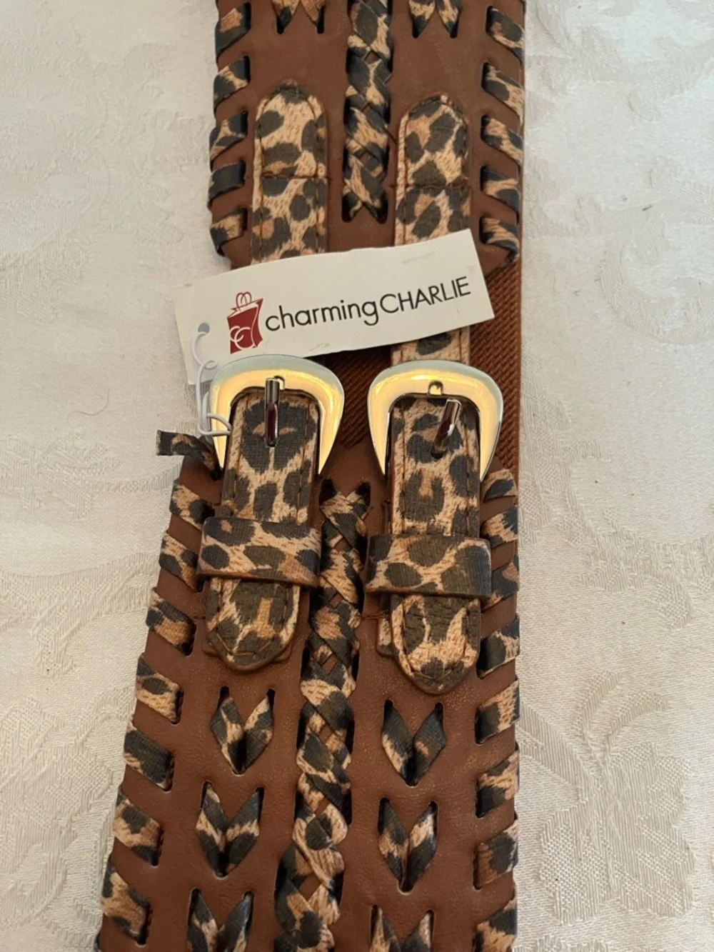 Charming Charlie Tan Wide Braided Faux Leather Dual Buckle Belt Leopard Straps - Picture 2 of 4